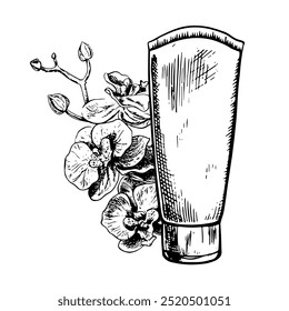 Face, hand and body cream with orchid flower extract. Black and white vector graphics made by hand. Illustration on a white background. For packages and labels, flyers, posters and banners.