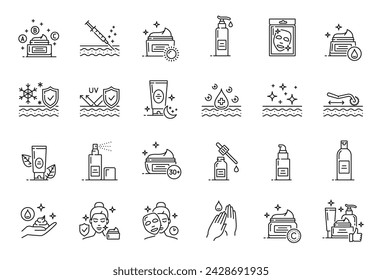 Iconos del cuidado de la piel de cara y manos de tratamientos de belleza vectorial, cosméticos y dermatológicos. Crema fina, loción, mascarilla de colágeno y gotas de suero, gel, aceite, limpiador de espuma, exfoliante y botellas de protector solar, frascos