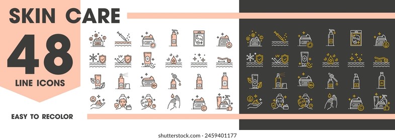 Iconos de la línea de cuidado de la piel de cara y manos, cosmetología y símbolos de Vector de mesoterapia. Iconos del cuidado de la piel de la cara de tratamientos cosméticos, máscara facial y crema 