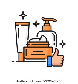 Face and hands skin care products line icon. Dermatology and woman beauty products, face and hands skincare cosmetics outline vector icon. Skin moisturizer cream, lotion or shampoo thin line pictogram