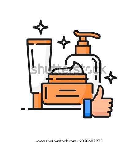 Face and hands skin care products line icon. Dermatology and woman beauty products, face and hands skincare cosmetics outline vector icon. Skin moisturizer cream, lotion or shampoo thin line pictogram