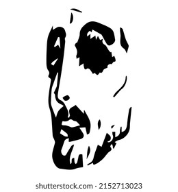 Cara de un guapo joven barbudo. Jesucristo. Retrato masculino. Esbozo en bruto de doodle lineal dibujado a mano. Silueta negra de fondo blanco.