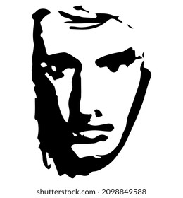 Face of a handsome young man. Male portrait. High contrast black and white silhouette. hand drawn rough sketch.