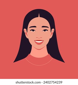A face of a happy Asian woman. Portrait of a smiling teenager. Vector flat Illustration