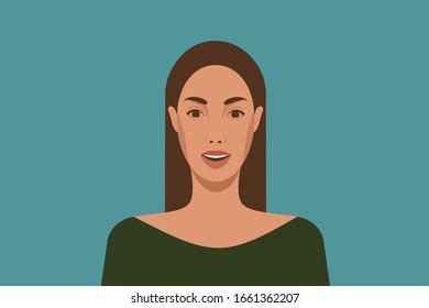 The face of a happy girl. Avatar of a laughing young woman. Portrait. Vector flat illustration