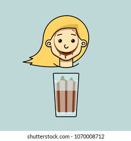 face happy girl with trace of cocoa and glass of cocoa. advertising of cocoa