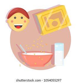 Face of happy little cute boy with breakfast cereals and plate concept. Glass with milk. Sip from the box in the dish. Modern flat style vector illustration icons. 
Isolated on white background. 