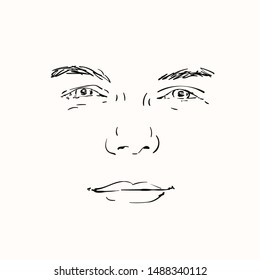 Face de homem feliz mão desenhada isolada, Vetor esboço linha arte ilustração