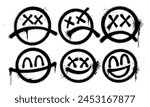 face happy and sad face black graffiti spray paint pattern. Spray set elements face logo graffiti icon drips texture wall street art. Isolated background banner art decoration vector illustration