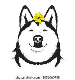 Face of a happy smiling happy dog with a yellow flower on his head. Spring dog.