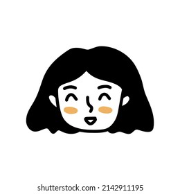 Face of happy smiling girl. Loose hair. Black and white vector isolated illustration single logo. Young student or teenager hand drawn