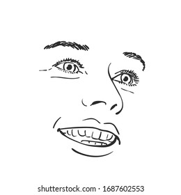 Face of happy smiling woman, Vector sketch Hand drawn illustration isolated