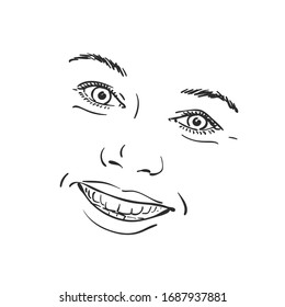 Face of happy smiling woman, Vector sketch Hand drawn illustration isolated