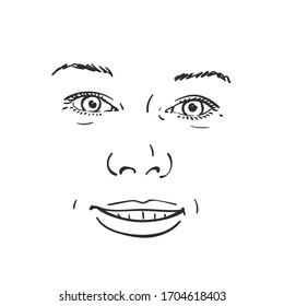 Face of happy smiling woman, Vector sketch Hand drawn illustration isolated