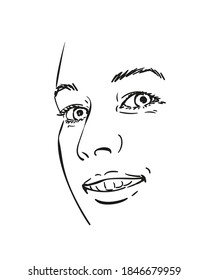 Face of happy smiling woman vector sketch, Hand drawn illustration isolated black and white