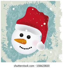 the face of a happy snowman with a red hat 