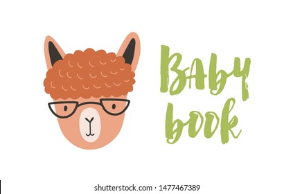 Face or head of cute amusing llama with glasses. Muzzle of funny smart alpaca isolated on white background. Colorful vector illustration in flat doodle style for children t-shirt print, baby book.