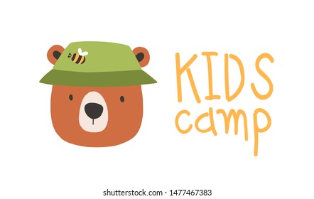 Face or head of cute lovely bear wearing bucket hat. Muzzle of funny animal isolated on white background. Vector illustration in flat cartoon style for children t-shirt print, logo for kids camp.