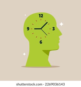 Сlock face and head, day planning, free time, time perception. Modern vector illustration in flat style. 