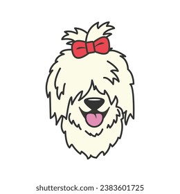 Face or head of fluffy Dog front view. White dog or puppy. Happy funny pet animal for logo design. Vector icon illustration isolated on white background.