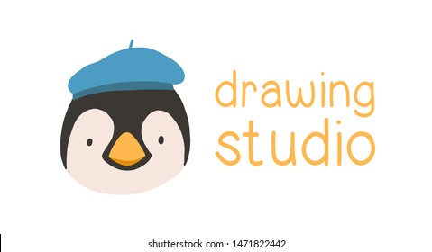 Face or head of penguin wearing beret hat. Cute funny muzzle of bird isolated on white background. Vector illustration in flat cartoon style for children t-shirt print, logo for drawing studio.