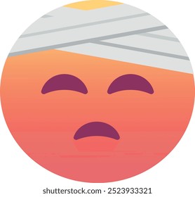 Rosto com ícone emoji com bandagem na cabeça. Cores na moda, elemento popular para temas de saúde e recuperação nas mídias sociais. Emoticon, elemento isolado.