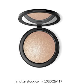 Face highlighter compact makeup powder. Vector realistic cosmetic glow baked powder in the black round plastic case with mirror. Isolated on white background. Top view.