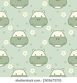 Face hippopotamus cartoon so cute. On flower star green background. Pattern seamless vector illustration. 
