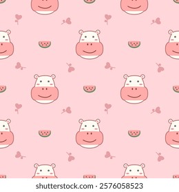 Face hippopotamus cartoon so cute. On watermelon flower pink background. Pattern seamless vector illustration. 