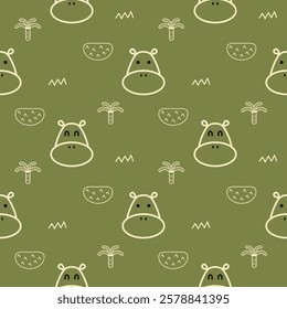 Face hippopotamus cartoon so cute. On tree swamp green background. Pattern seamless vector illustration. 