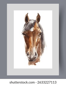 Face of horse or fat baby raised by livestock breeders on farm on wall art. Watercolor artwork. Print with horse with expressive eyes to decorate interior of apartment, in frame with decor for poster