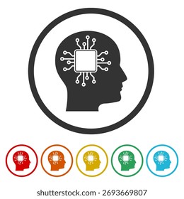 Enfrentar el signo del logotipo de la tecnología humana. Establecer íconos en Botones de círculo de color