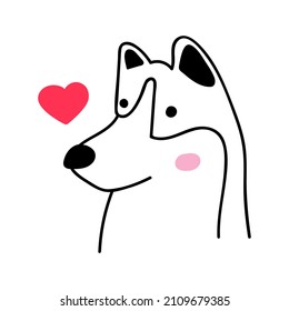 Face of Husky dog looking at red heart. Outline icon vector illustration. 