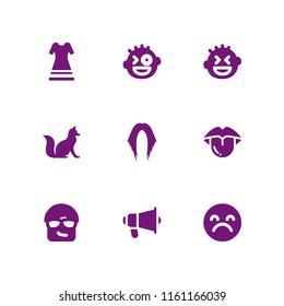 face icon. 9 face set with sad, smiling, animal and hair vector icons for web and mobile app