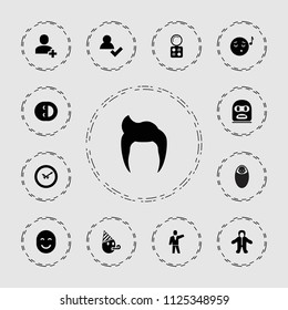 Face icon. collection of 13 face filled icons such as man hairstyle, eyeshadow palette, add user, emoji listening music, wall clock. editable face icons for web and mobile.