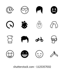 Face icon. collection of 16 face filled and outline icons such as child bicycle, laughing emot, wall clock, bllade razor, hairstyle. editable face icons for web and mobile.