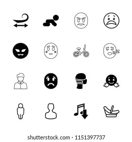 Face icon. collection of 16 face filled and outline icons such as curly hair, devil emot, confused emot, eating mouth, crawling baby. editable face icons for web and mobile.