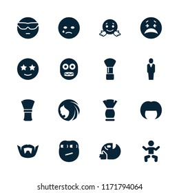 Face icon. collection of 16 face filled icons such as baby, woman hairstyle, shaving brush, crying emot, cool emot in sunglasses. editable face icons for web and mobile.