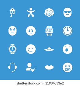 Face icon. collection of 16 face filled icons such as baby, lips, woman hat, crying emot, angry emot, wall clock. editable face icons for web and mobile.