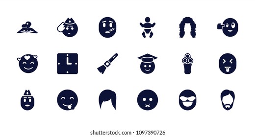 Face icon. collection of 18 face filled icons such as electric razor, woman in spa, sad emot, emot showing tongue, graduate emoji. editable face icons for web and mobile.
