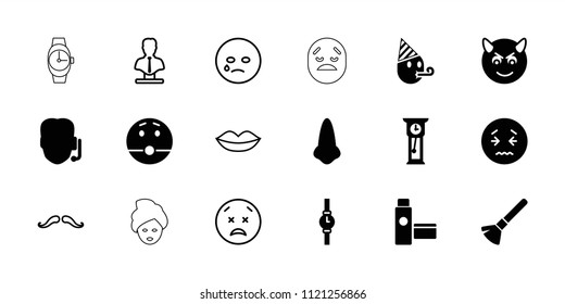 Face icon. collection of 18 face filled and outline icons such as nose, shaving brush, support, devil emot, surprised emot, cream tube. editable face icons for web and mobile.