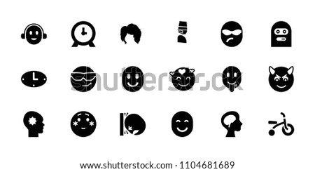 Face icon. collection of 18 face filled icons such as clock, cool emot in sunglasses, shy emoji, emot in love, human brain, wall clock. editable face icons for web and mobile.