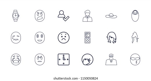Face icon. collection of 18 face outline icons such as woman hairstyle, add user, upset emot, facepalm emot, wall clock, baby food. editable face icons for web and mobile.