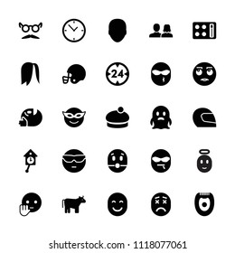Face icon. collection of 25 face filled icons such as cow, man and woman, woman hat, mustache and glasses, emoji in mask. editable face icons for web and mobile.