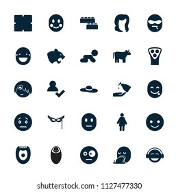 Face icon. collection of 25 face filled icons such as cow, panther, clock, hairstyle, add user, smiling emot, surprised emot, emoji. editable face icons for web and mobile.