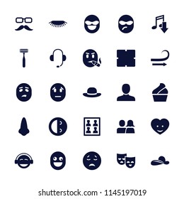 Face icon. collection of 25 face filled icons such as nose, man, clock, woman hat, crying emot, laughing emot, emoji, eating mouth. editable face icons for web and mobile.