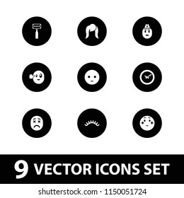 Face icon. collection of 9 face filled icons such as eyelashes, sad emot, shy emoji, wall clock, razor, hairstyle. editable face icons for web and mobile.