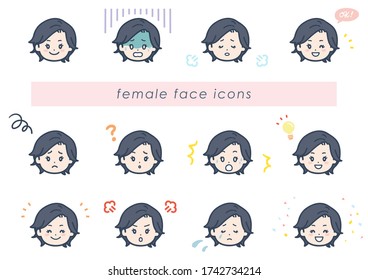 It is a face icon illustration of a woman of various expressions. Vector image.