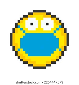 Icono de cara con máscara protectora. Emoticonos de arte de Pixel. Ilustración vectorial.