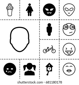Face icon. set of 13 filled and outline face icons such as girl, crying emot, devil emot, pendulum, child bicycle, face, electric razor, rolling eyes emoji, alien head, user